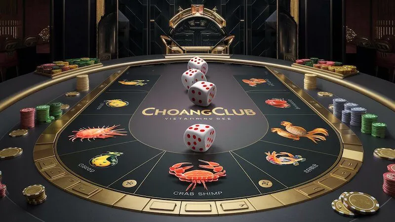 Giao diện chính của game Bầu Cua ChoangClub với bàn cược và các biểu tượng truyền thống