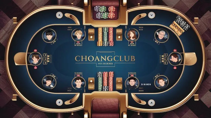 Giao diện chính của Poker Texas ChoangClub với bàn chơi trực tuyến, hiển thị đầy đủ các chức năng và thông tin người chơi