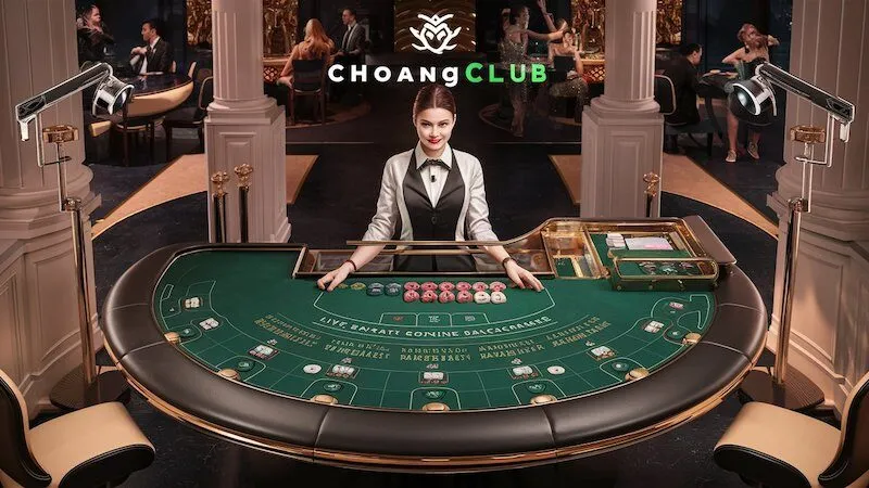 Giao diện sang trọng của phòng Baccarat trực tuyến tại ChoangClub với bàn chơi chuyên nghiệp và dealer trực tiếp