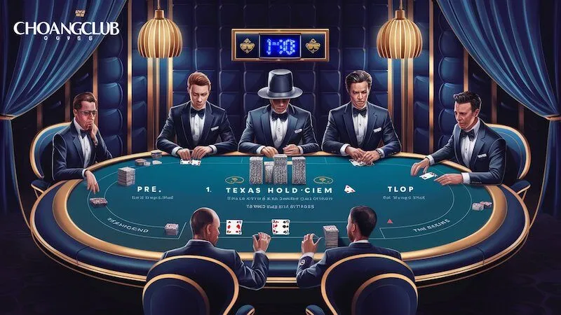 Minh họa các giai đoạn chính trong một ván Poker Texas- Pre-flop, Flop, Turn và River trên bàn chơi ChoangClub