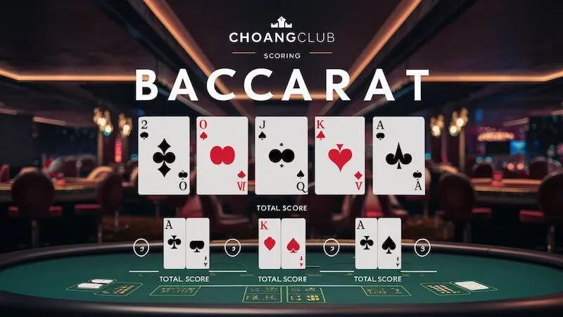 Minh họa cách tính điểm trong Baccarat với các ví dụ về các lá bài và tổng điểm tương ứng